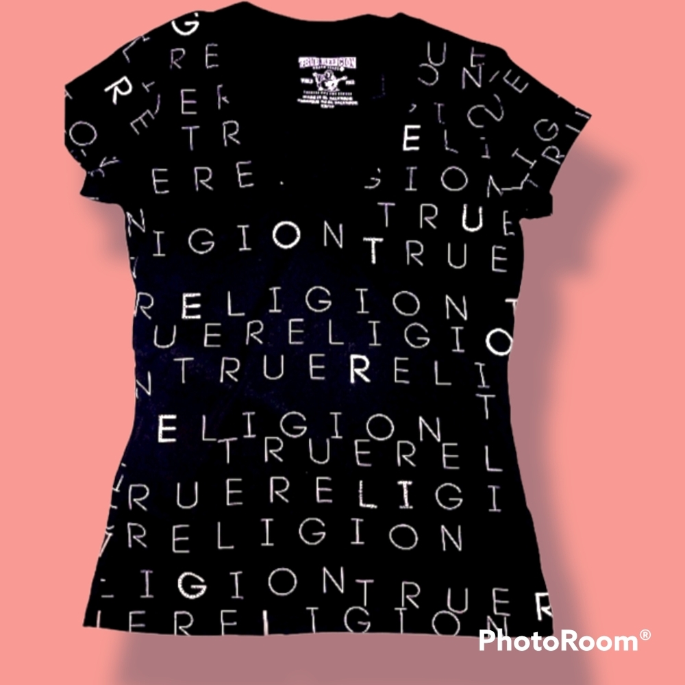 True religion t shirt black with white lettering short sleeves